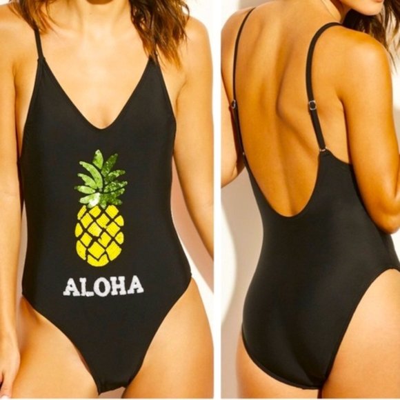 One Piece High Cut Swimsuit Sequined Pineapple ALOHA Juniors Large - Picture 1 of 13